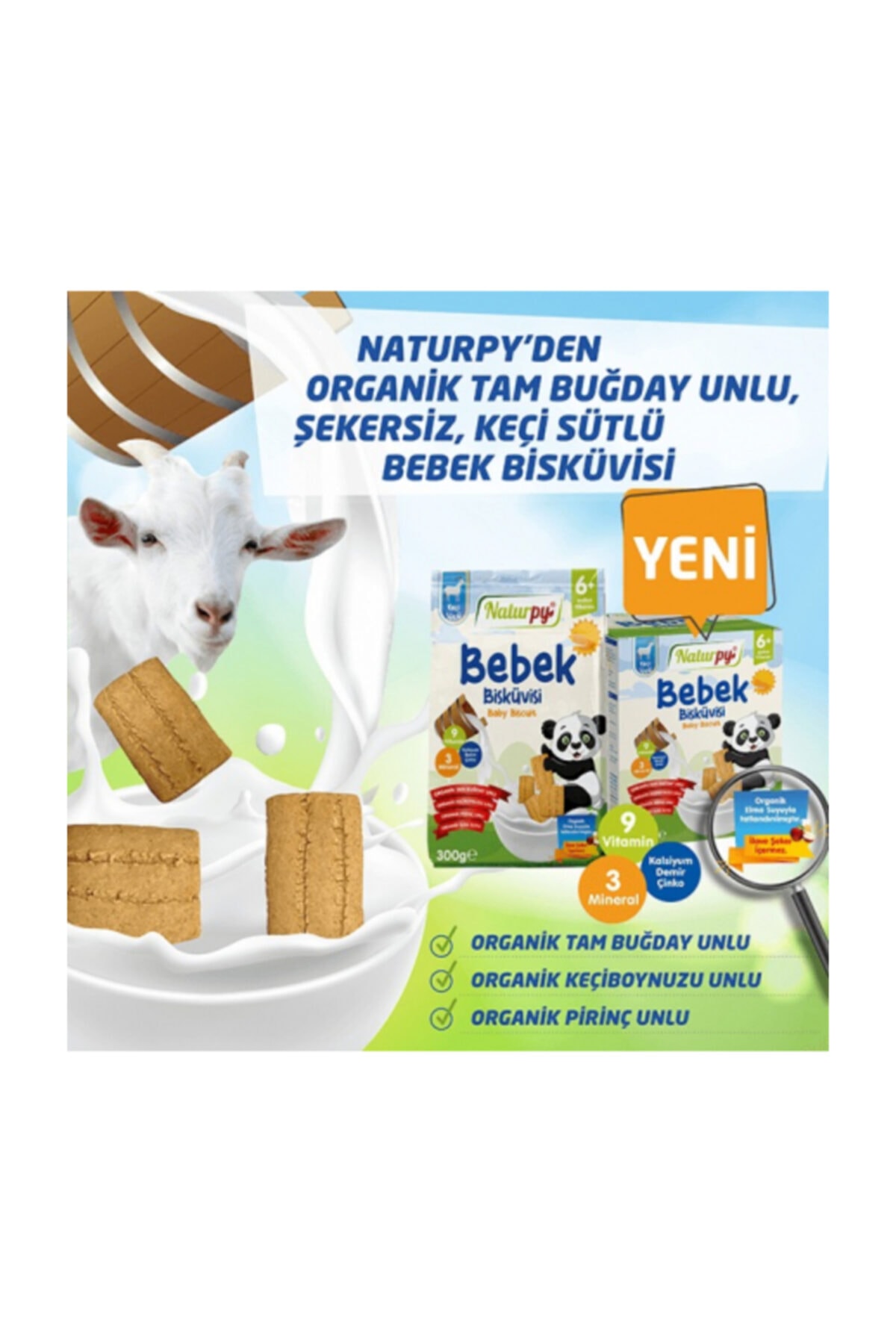 Naturpy Organik Tam Buğday Unlu, Şekersiz Keçi Sütlü Bebek Bisküvisi 300 Gr.